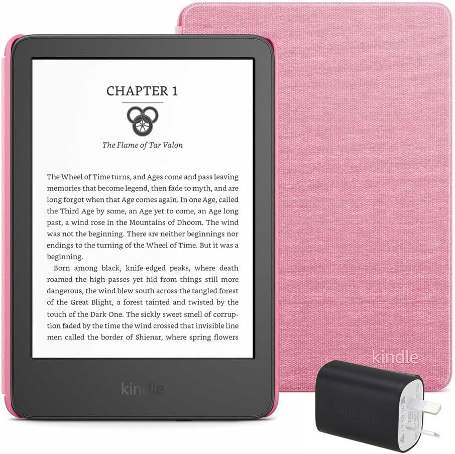 Kindle Essentials Bundle including Kindle (2024 release) - Black, Fabric Cover - Rose, and Power Adaptor