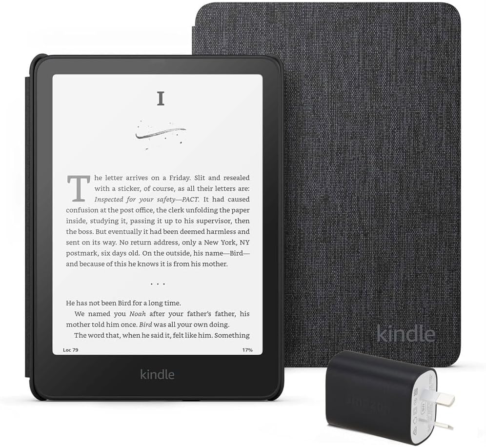 Kindle Paperwhite Essentials Bundle including Kindle Paperwhite (16GB) - Black, Fabric Cover - Black, and Power Adaptor