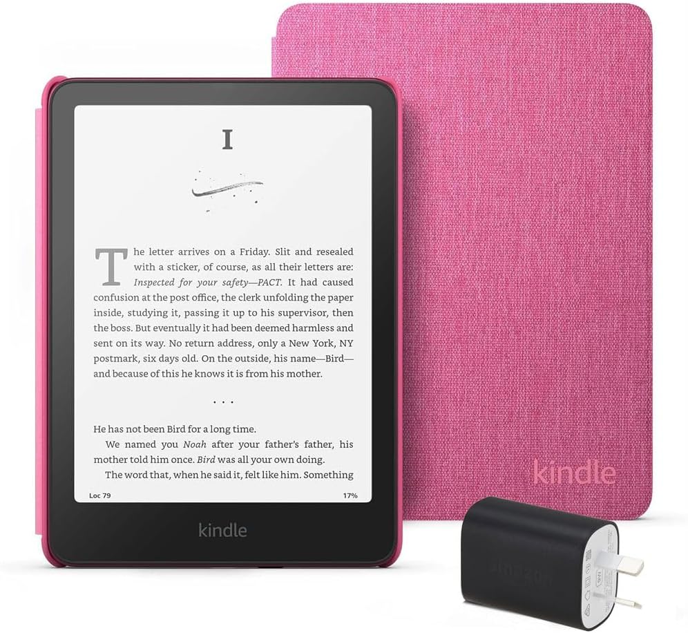 Kindle Paperwhite Essentials Bundle including Kindle Paperwhite (16GB) - Black, Fabric Cover - Raspberry, and Power Adaptor