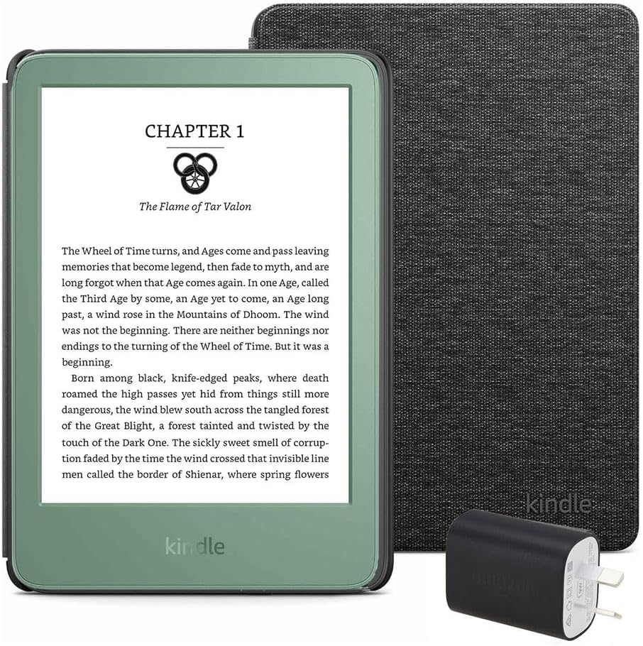 Kindle Essentials Bundle including Kindle (2024 release) - Matcha, Fabric Cover - Black, and Power Adaptor