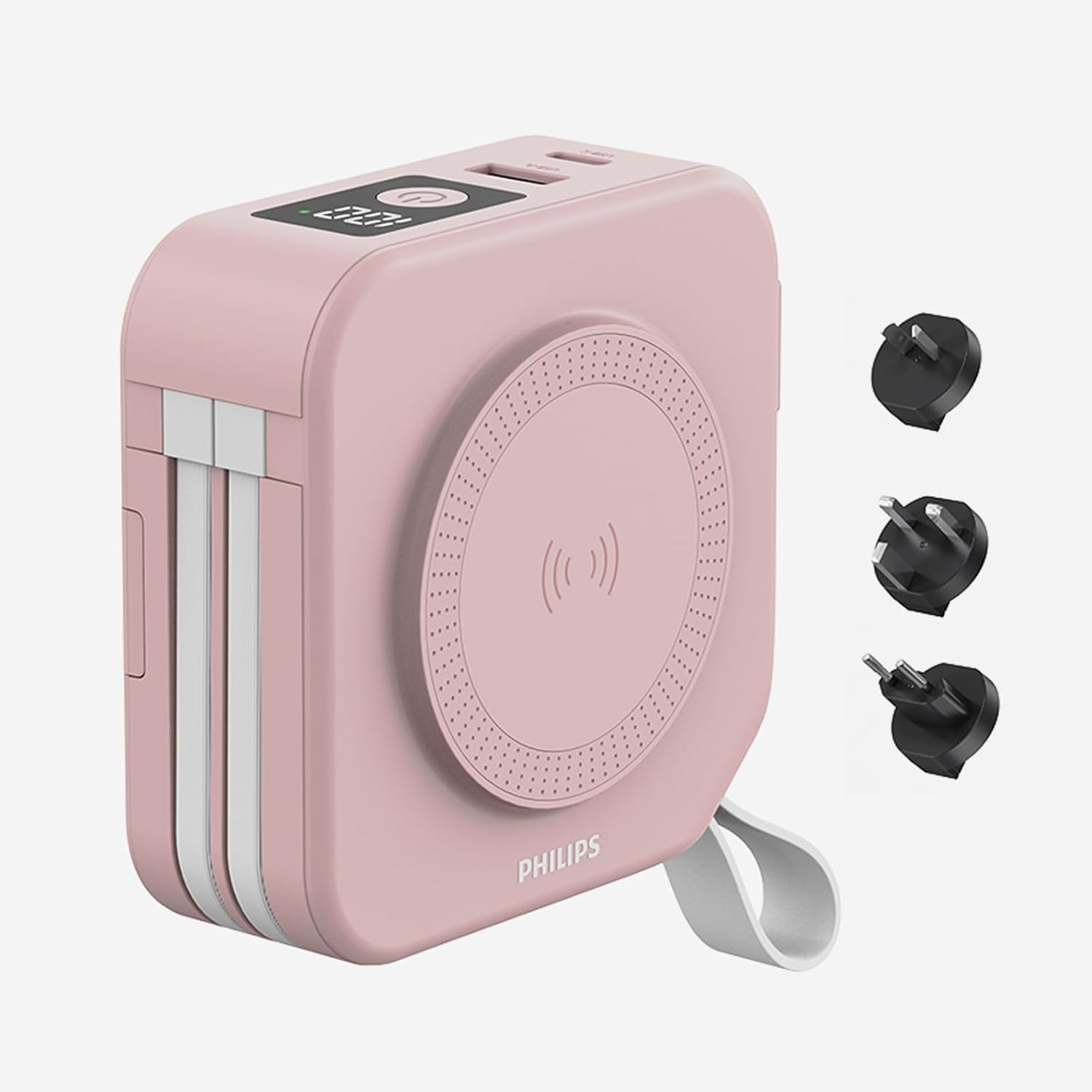 PHILIPS Power Bank Wireless 10000mAh 22.5W Powerbank Built-in Cable 10 in 1 Portable Battery Pack Magnetic Universal Travel Charger Fast Charging Adapter (UK,EU,AU) Compatible with MagSafe (Pink)