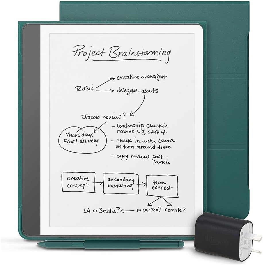 Kindle Scribe Essentials Bundle including All-new Amazon Kindle Scribe (16 GB) - Tungsten, Plant-Based Leather Cover - Jade, and and Power Adaptor