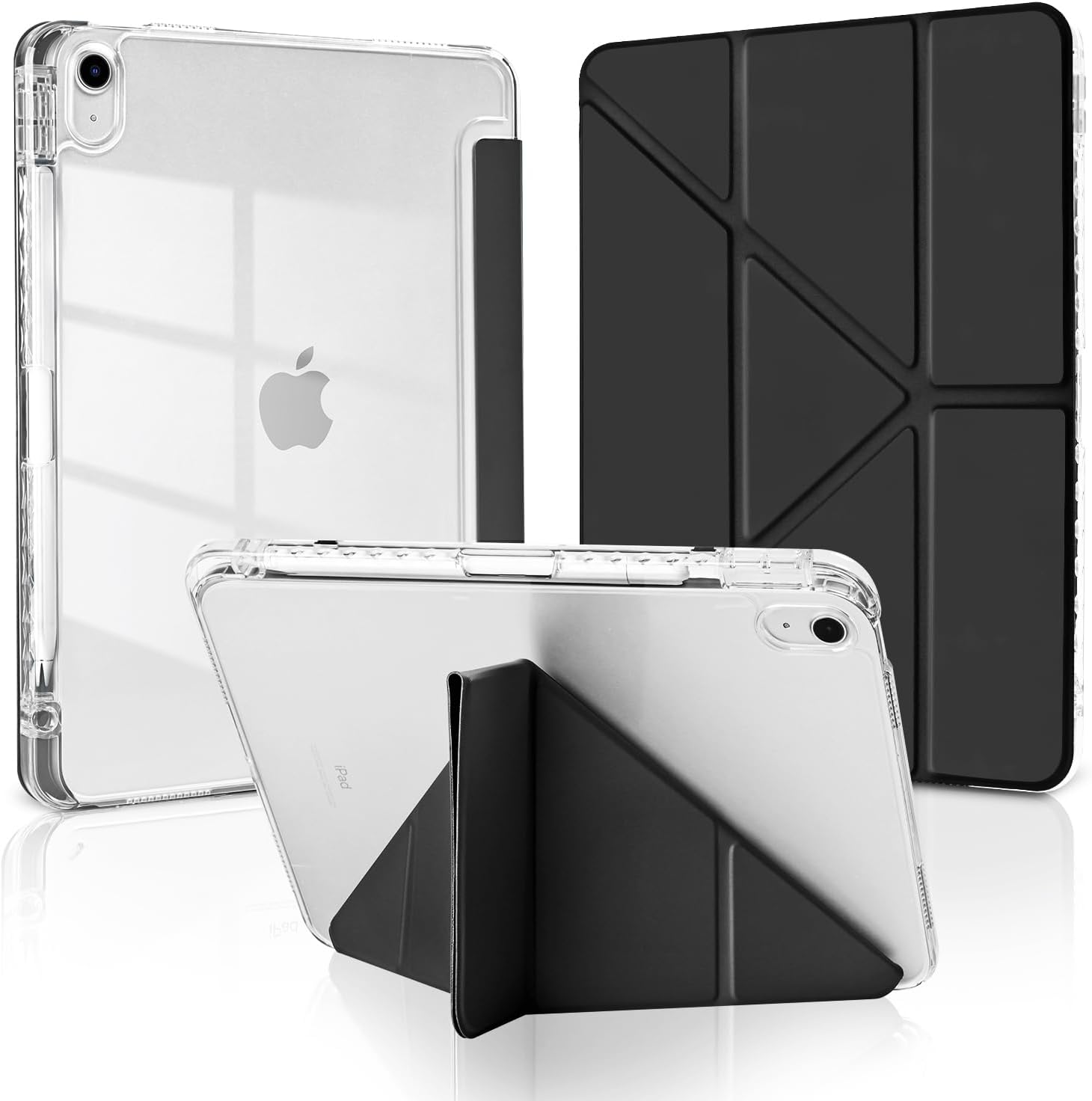 MuyDoux Case for iPad 10 Generation 10.9 Inch 2022 / iPad 11 (A16) 11 Inch 2025 with Pen Holder, Origami Design with 5 Adjustment Positions, Shockproof Clear Transparent Back Acrylic Protective Case,