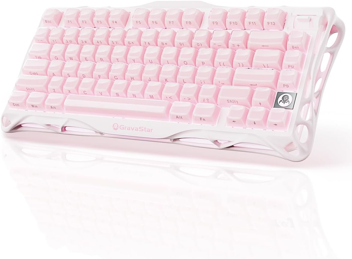 GravaStar Mercury K1 Wireless Mechanical Keyboard, 75 Percent Gasket Mount with Aluminum Alloy Exoskeleton, 8000mAh Battery, Kailh Linear Switches, Tri Mode Bluetooth 2.4G, Sakura Pink