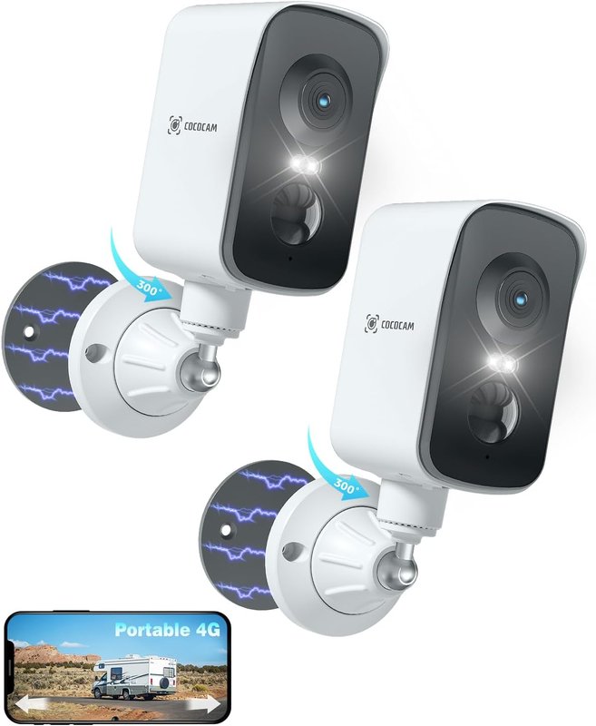 COCOCAM 2PCS 4G Portable Magnetic No WiFi Security Camera Wireless, 2K Outdoor/Indoor Camera for RV/Camping/Travel, 300°Pan,10000Ahm Battery, PIR&AI Human Detection,IP66, Built-in SIM Card (NO WiFi)