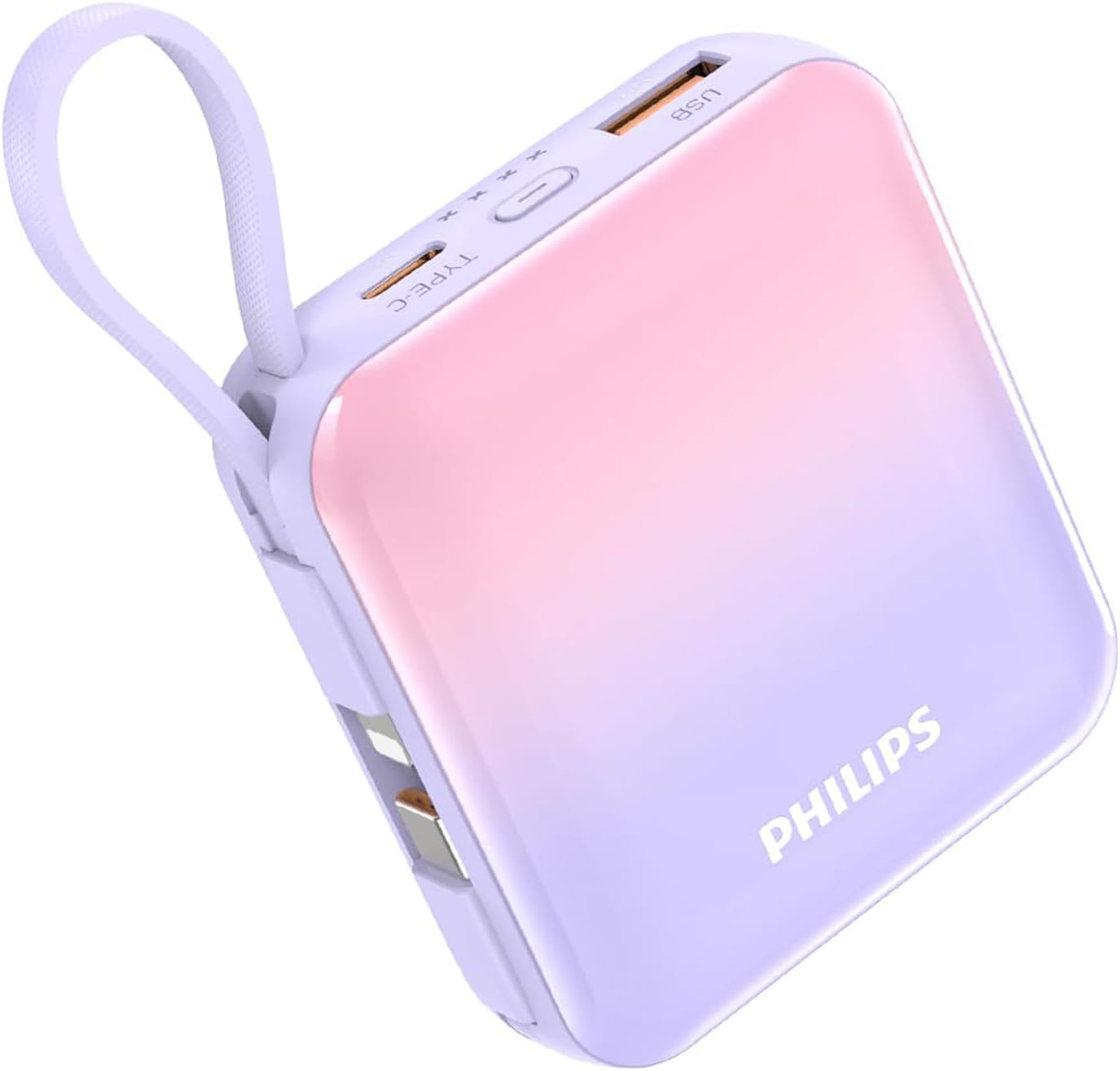 PHILIPS 22.5W Power Bank 2 in 1 | 10000mAh Laptop Portable Charger with Built-in USB-C USB-L Cable, PD Fast Charging Battery Pack for MacBook iPad iPhone 17 Air 16 15 14 Pro Samsung S25 (Pink-Purple)