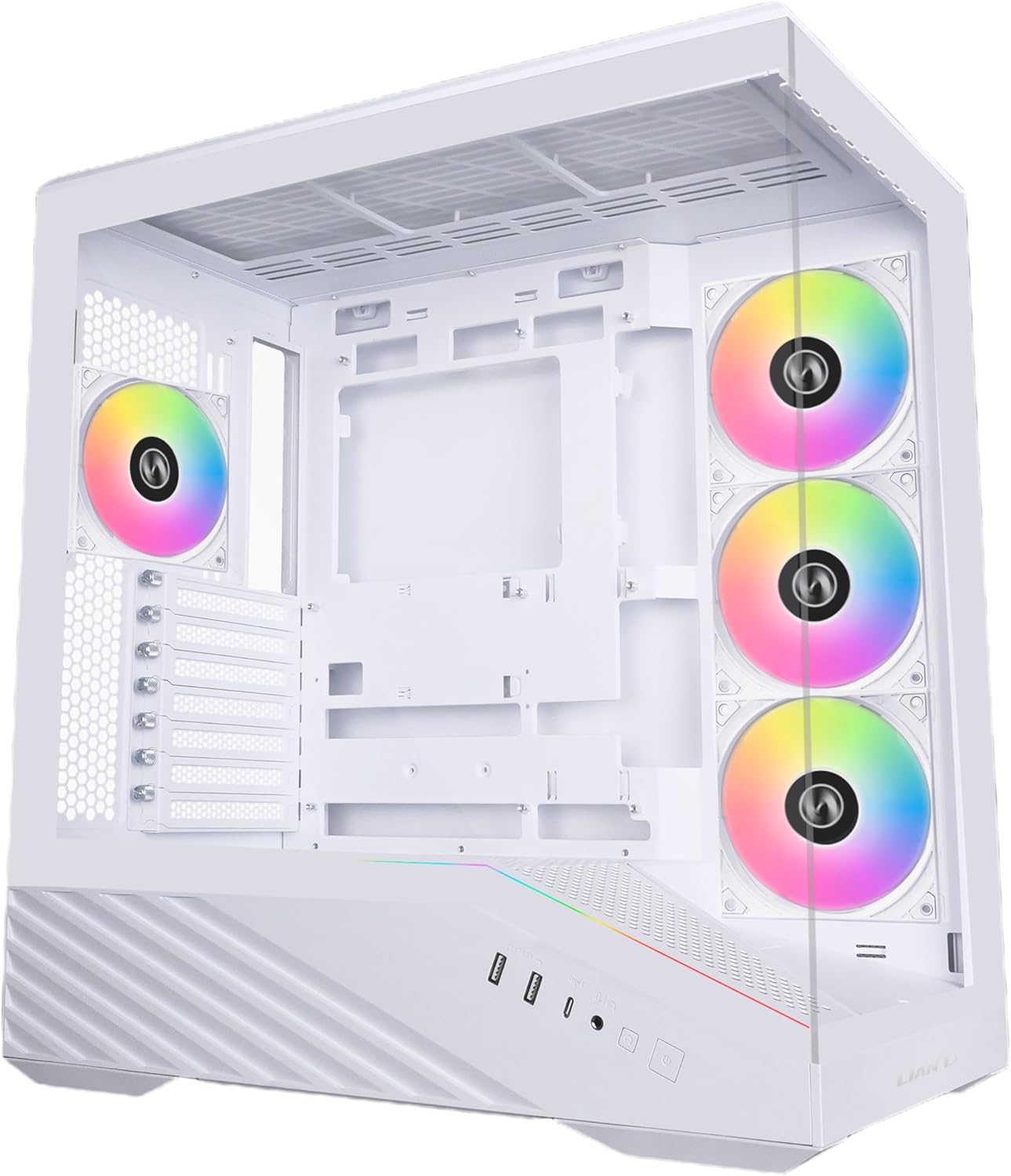 Lian Li V100 ATX Mid-Tower PC Case, 4 x 120mm ARGB PWM Fans Pre-Installed, LED RGB Strip, Display Platform with Tempered Glass, Support 420mm GPUs, 360mm Radiator, Optimized Airflow - White (V100RW)