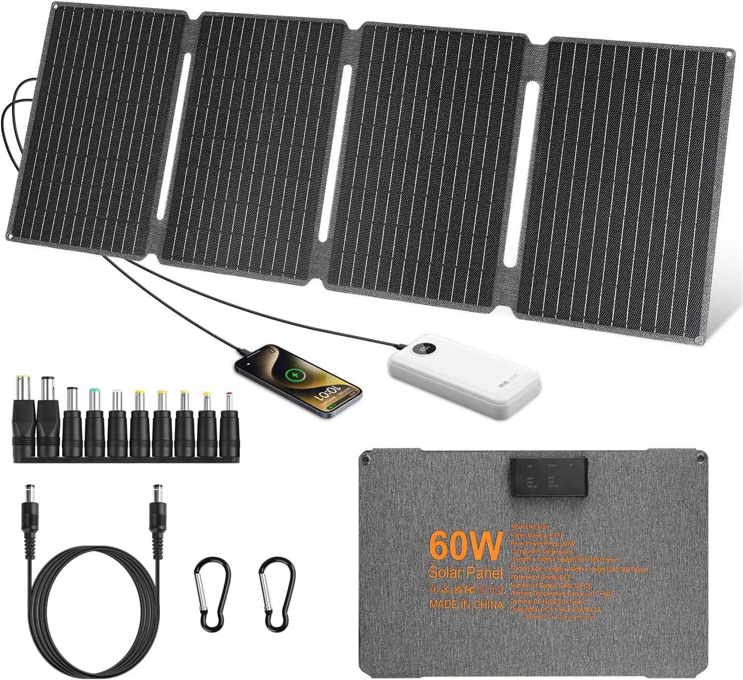【60W Portable Solar Panel 18V Kit】KWODE Foldable Solar Panel Charger, 60W Solar Charger, DC+USB 3.0+Type-C, ETFE IP67 Waterproof Solar Panels for Camping Power Station Battery Phones Tablet Power Bank