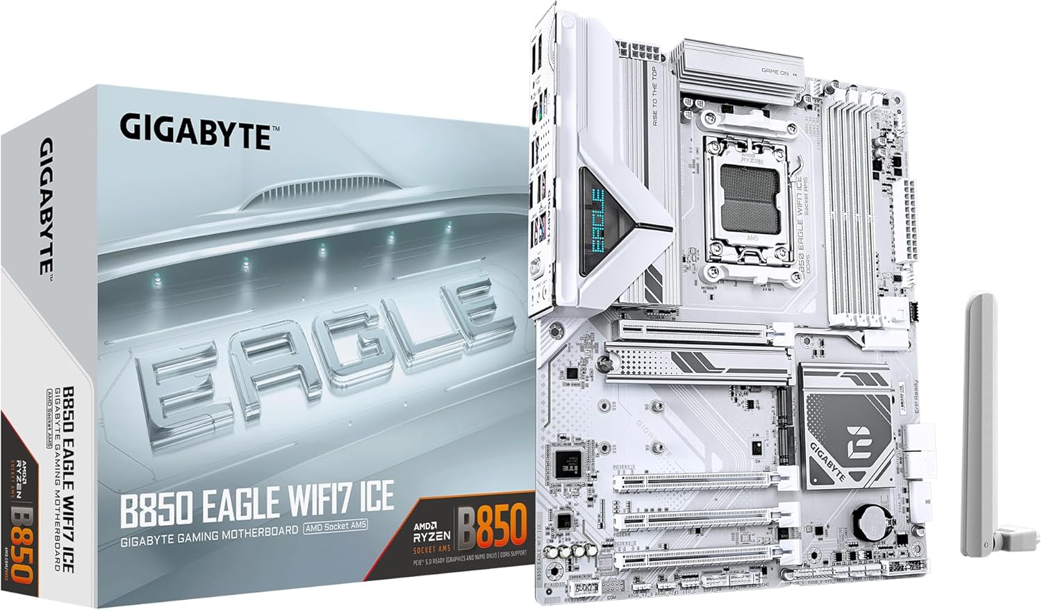 GIGABYTE B850 Eagle WIFI7 ICE Motherboard - AMD Ryzen 9000 Series CPUs, 8+2+2 Phases Digital VRM, up to 8200MHz DDR5 (OC), 1xPCIe 5.0 + 2xPCIe 4.0 M.2, WiFi 7, 2.5 GbE LAN, USB 3.2 Gen 2