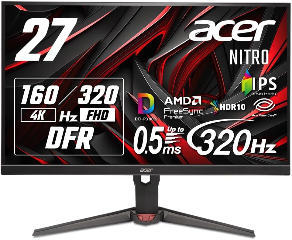 Acer 27" Variable Refresh Rate 0.5ms 320Hz (FHD) 160Hz (4K) IPS Matte DCI-P3 90% Ergonomic Stand AMD FreeSync Premium HDR10 Blue Light Reduction Black Boost HDMI 2.1 DisplayPort v1.4 Speaker and