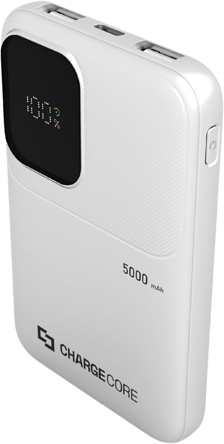 Laser 5000mAh Portable Power Bank with LED Display – Compact USB Battery Pack with 3-in-1 Cable (USB-C, Lightning, Micro-USB) – Safe LiFePO4 Travel Charger – White