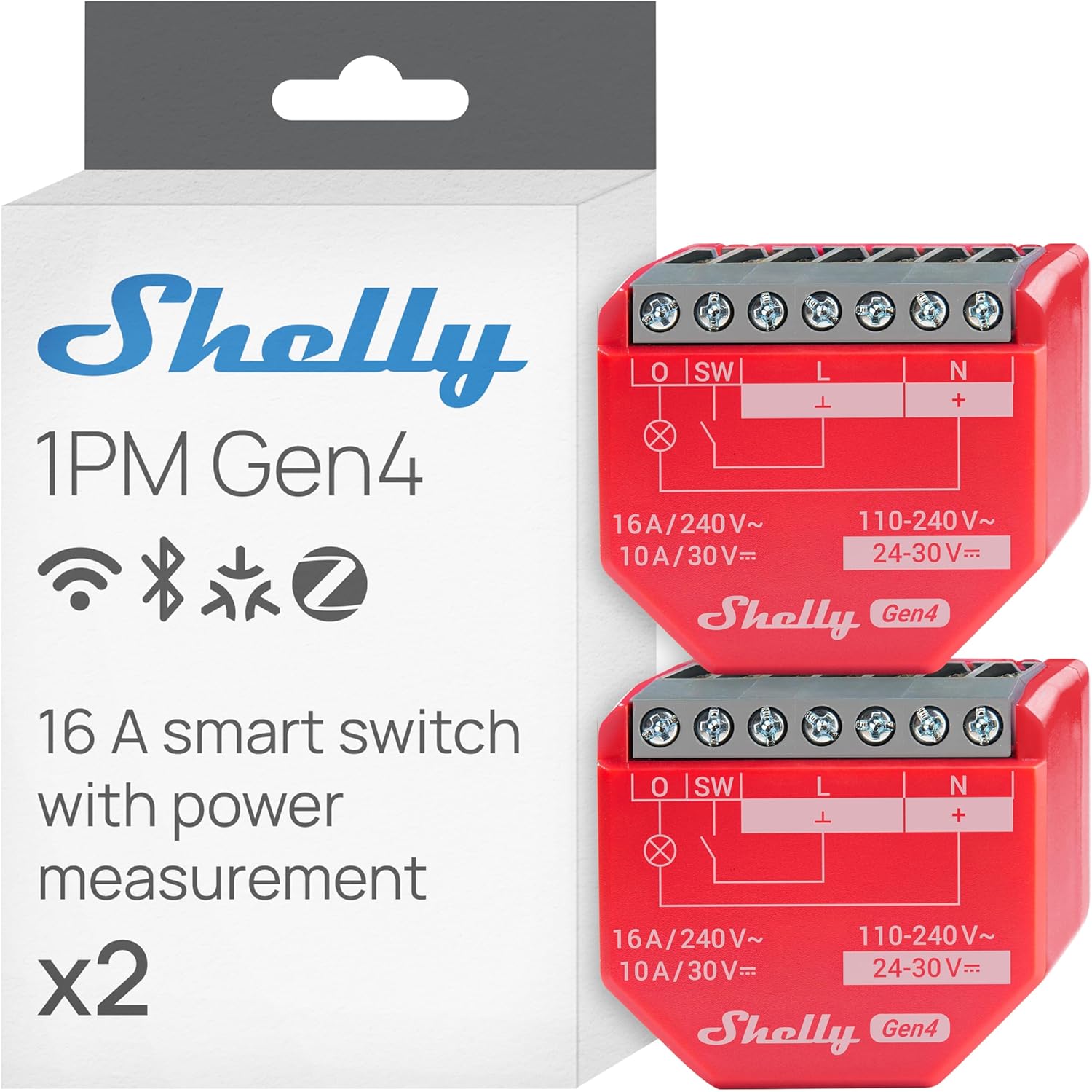 Shelly 1PM Gen4 Wi-Fi Powered Smart Relay Switch, 1 Channel, 16A, Power Measurement, Home Automation, No Hub Required, Alexa, Apple HomeKit & Google Home, Zigbee & Matter (Pack of 2)