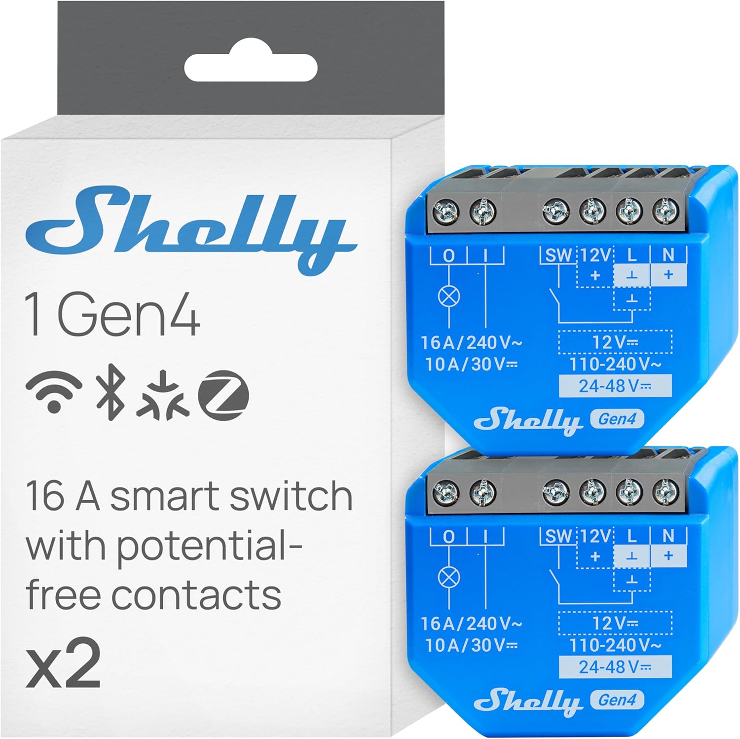 Shelly 1 Gen4 WLAN Smart Relay Switch, Potential-Free Contact, 1 Channel, 16 A, Light Switch, Garage Door Opener, Smart Home, Timer Switch, Alexa & Google, Matter, No Hub Required (Pack of 2)