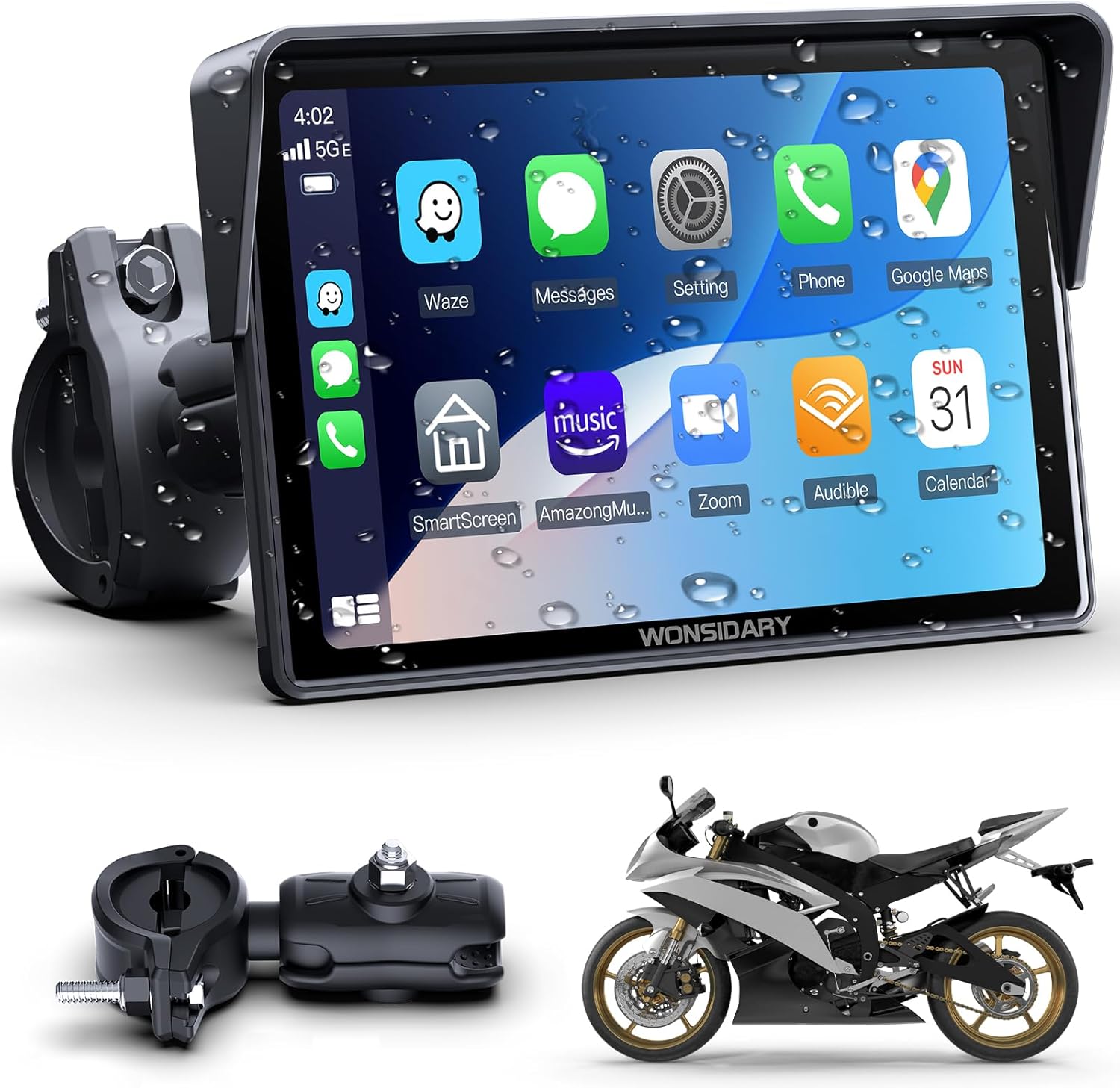 Wireless Motorcycle CarPlay Compatible with Apple CarPlay & Android Car, W522 5 Inch IP67 Waterproof Touchscreen with Dual Bluetooth, GPS Navigation, Voice Control, Equalizer, USB/Acc Power Supply