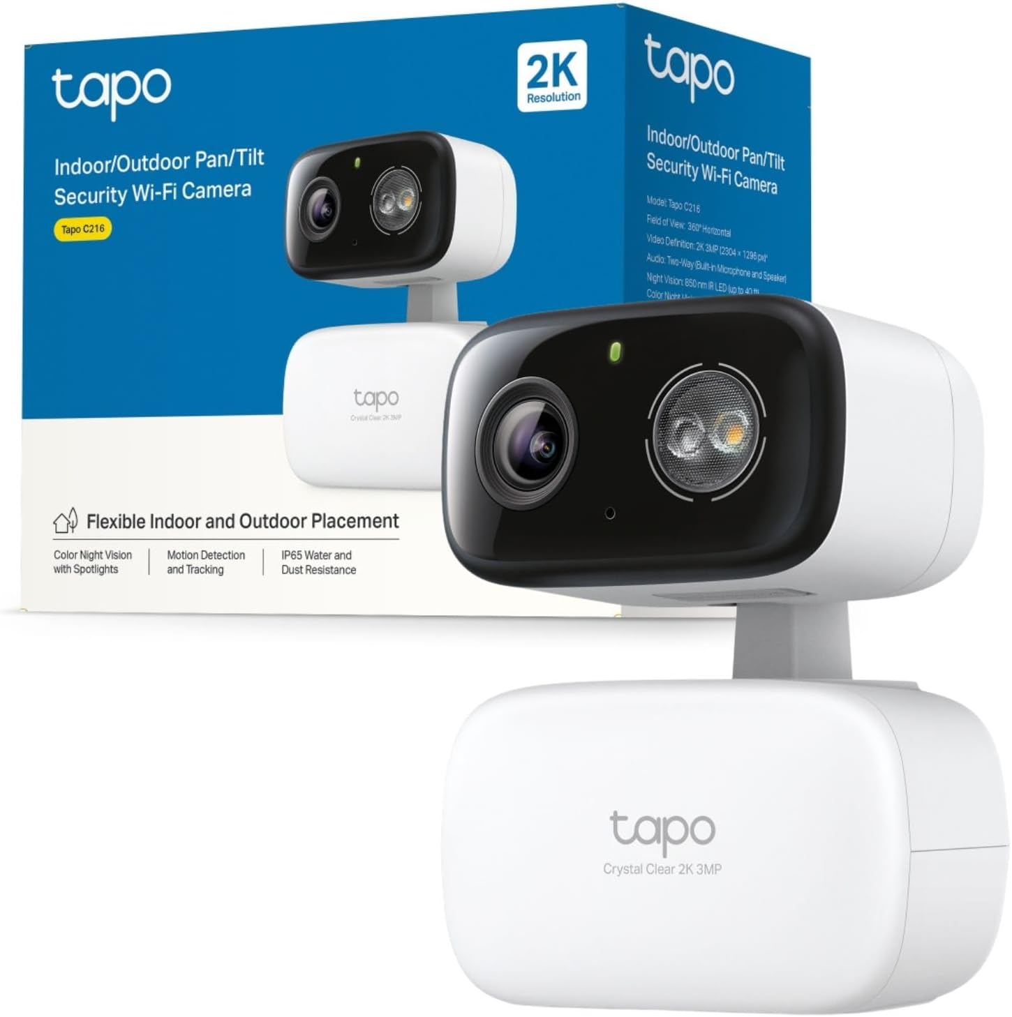 Tapo C216 2K 3MP Outdoor Camera 360°Pan/Tilt, IP65 Color Night Vision, Security Camera Outdoor WiFi, Smart AI Detection,Spotlights, Indoor Cameras House Security, CCTV, Alexa/Google