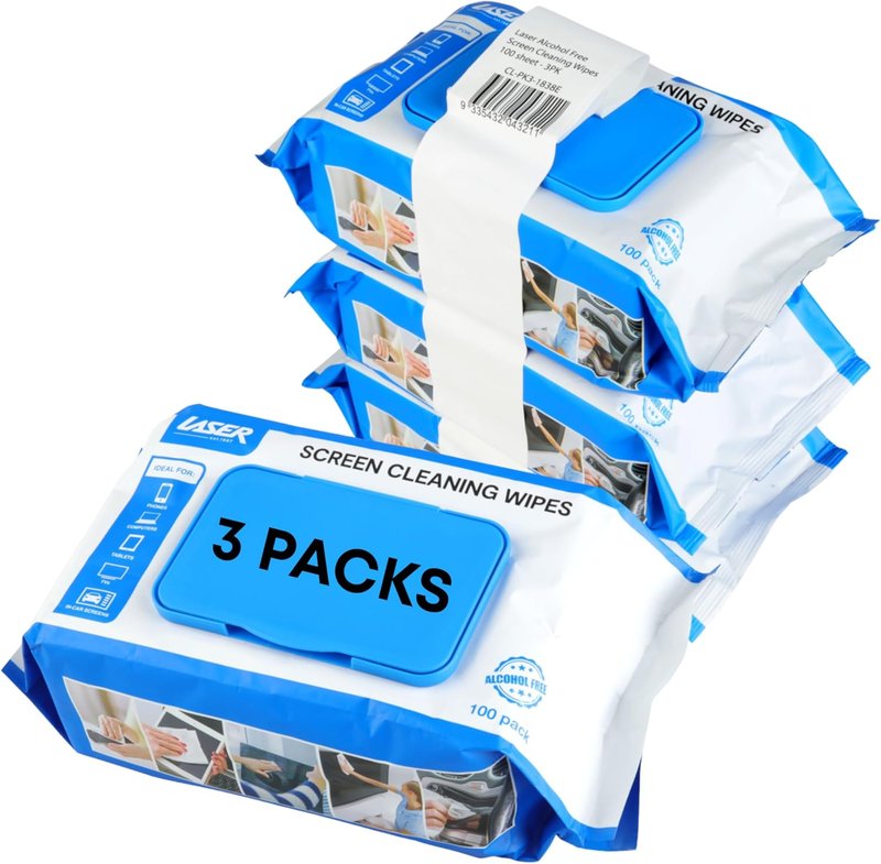 Laser 3 Pack Screen Cleaning Wipes (100 per Pack) – Anti-Static Alcohol-Free Wipes for TV, Laptop, Smartphone & Tablet Screens – Streak-Free Electronics Cleaner for Home or Office