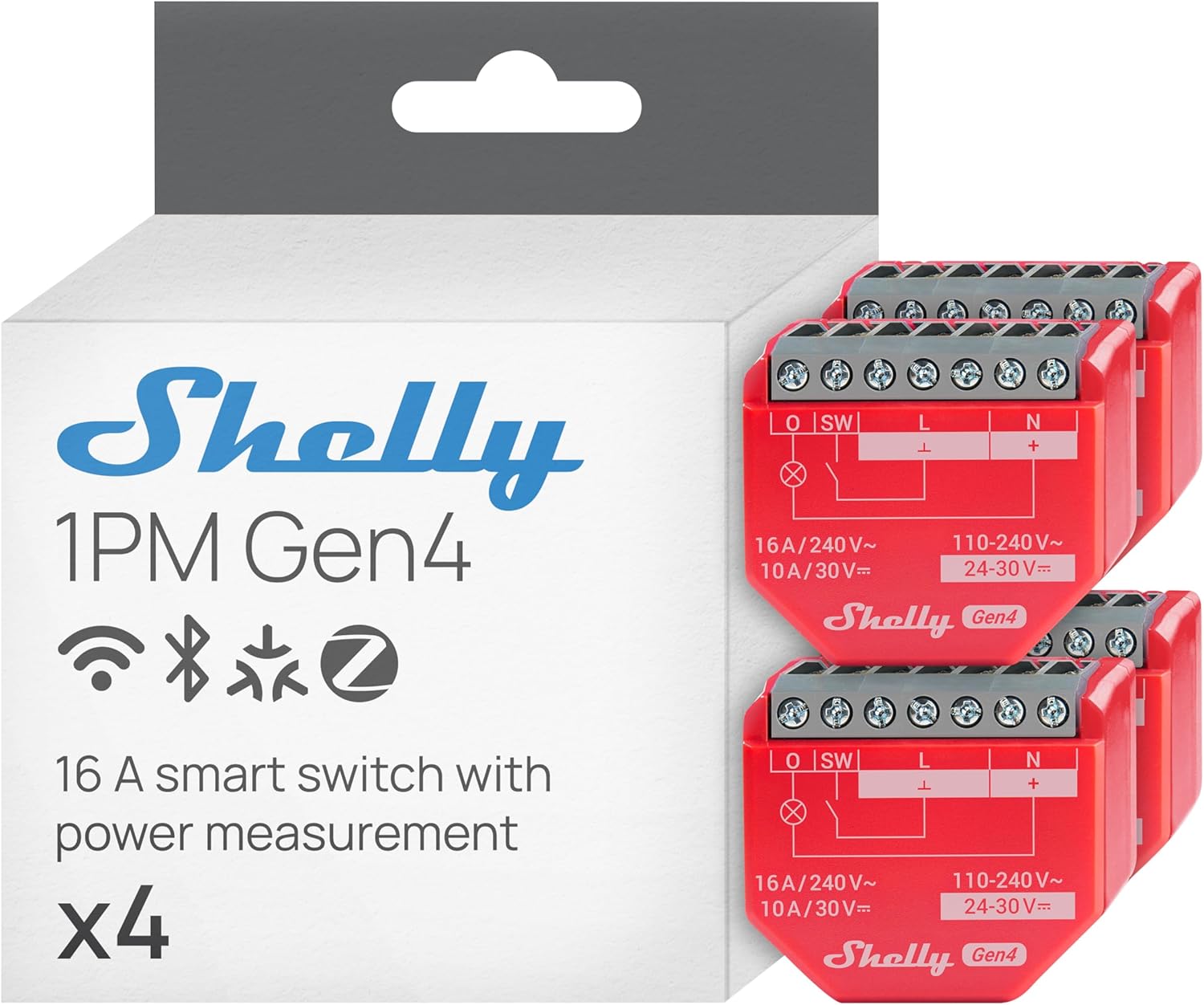Shelly 1PM Gen4 WLAN Smart Relay Switch, Current Measurement, Electric Meter, 1 Channel, 16 A, Light Switch, Heating, Smart Home, Timer, Alexa & Google, Matter, No Hub Required (Pack of 4)