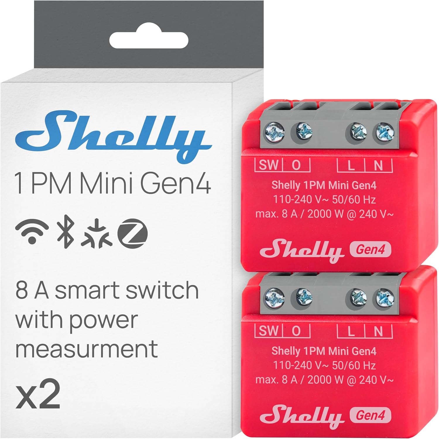 Shelly 1PM Mini Gen4 Wi-Fi Powered Smart Relay Switch, 1 Channel, 8A, Power Measurement, Home Automation, No Hub Required, Alexa, Apple HomeKit & Google Home, Zigbee & Matter (Pack of 2)