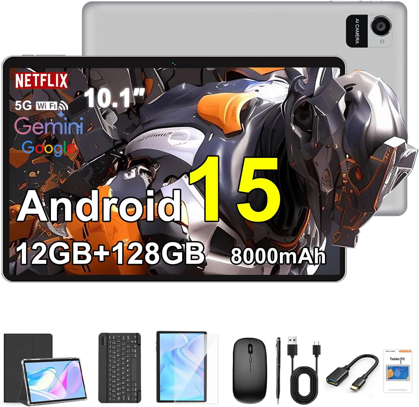 Crelander 10.1 Inch Android 15 Tablet, 12 GB + 128 GB Android Tablet, 8000 mAh Battery, 1280 x 800 Touchscreen, 5G Bluetooth/WiFi, Bundle with Case, Keyboard, Mouse & Stylus (Grey)