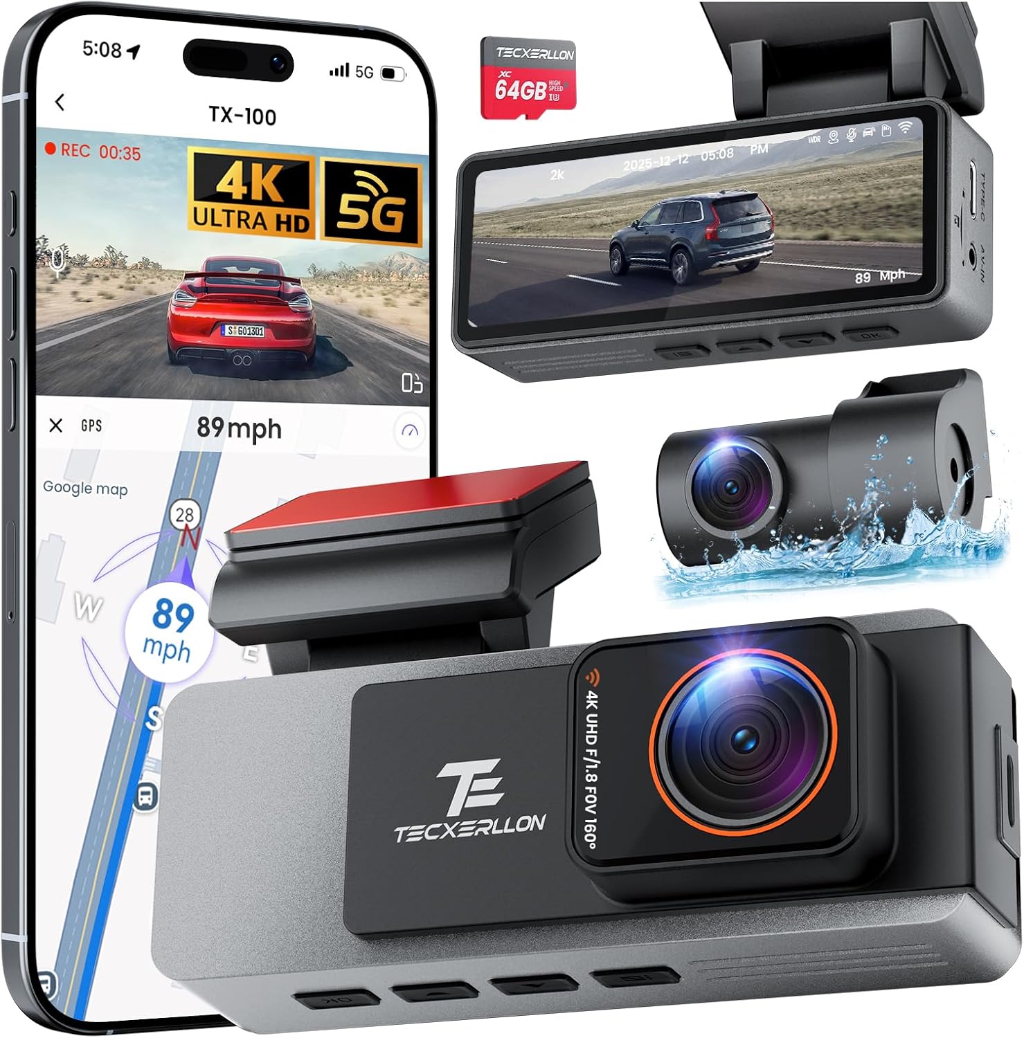 TECXLERON Dash Cam Front and Rear, 4K Dual Dash Cam, Dash Camera for Cars with Starlight Night Vision, 160° Front & 150° Rear Wide Angle, GPS, WDR, G-Sensor, 24H Parking Mode, 64GB Card Included