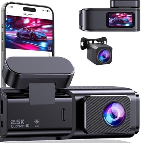 Dash Cam Car Front Rear 2.5K + 1080P, Ultra HD Dash Cam with WiFi, Dual Car Camera with 32GB Card, 170° Wide Angle, Super Night Vision, 24H Parking Monitoring, G-Sensor, App Control, Loop Recording