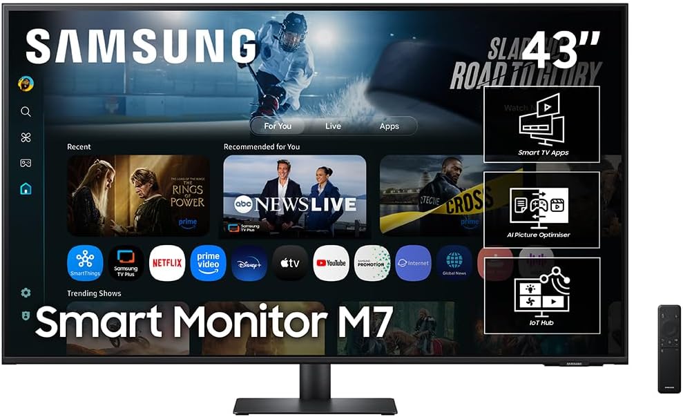 Samsung 43 Inch M70F 4K UHD Smart Monitor Vision Ai| 3940x2160| Smart TV Apps| VA Display| Alexa Built-in| HDMI| USB-C| WiFi| Bluetooth| SmartThings Hub| Built in Speakers