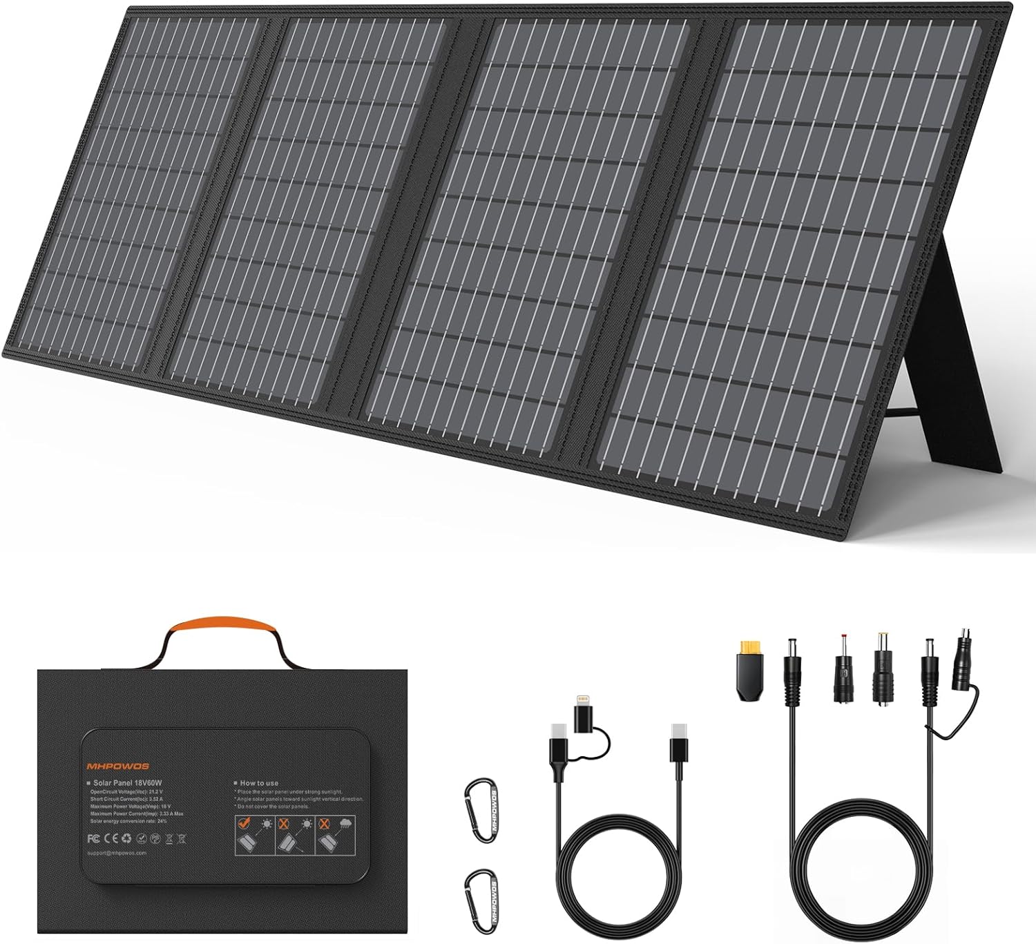 60 W Portable Solar Charger with Stand, Foldable Solar Panel with USB-C, USB-A and DC Outputs, for Camping, Hiking, Emergency Power Supply for Small Power Generators, Phones, Power Banks