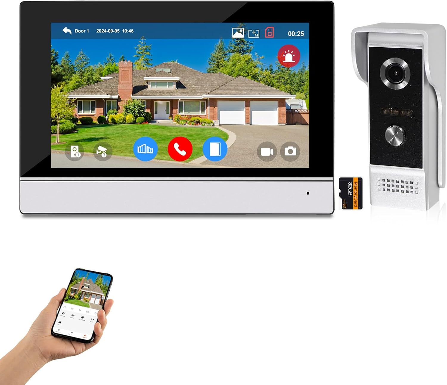 WiFi Video Doorbell System with Wired, 7 Inch Ring Video Doorbell Camera with Monitor, 1080 HD IR Night Vision for Home, Office, Villa (Not Support)