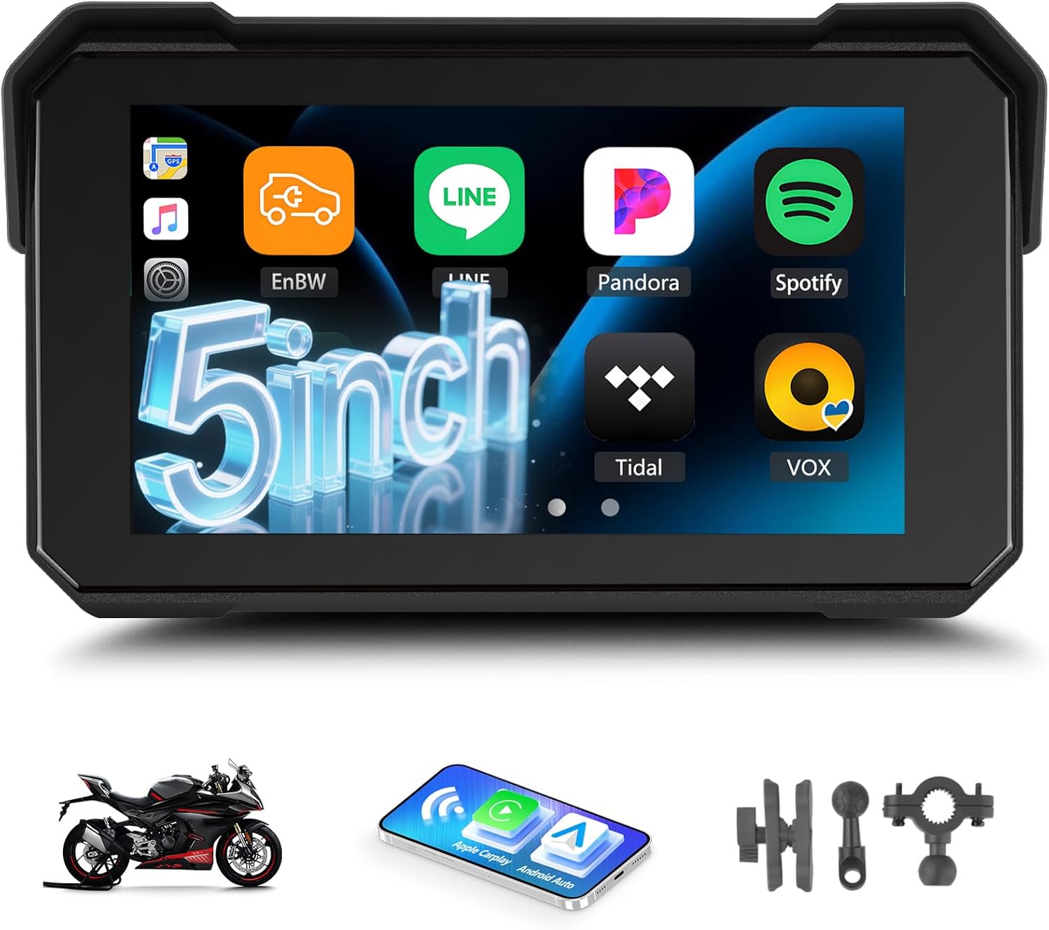 GPS Carplay Screen for Motorcycle, Wireless Carplay Android Car Display, Portable 5 Inch Touch Waterproof Android Car Motorcycle with TF Bluetooth Navigation Siri