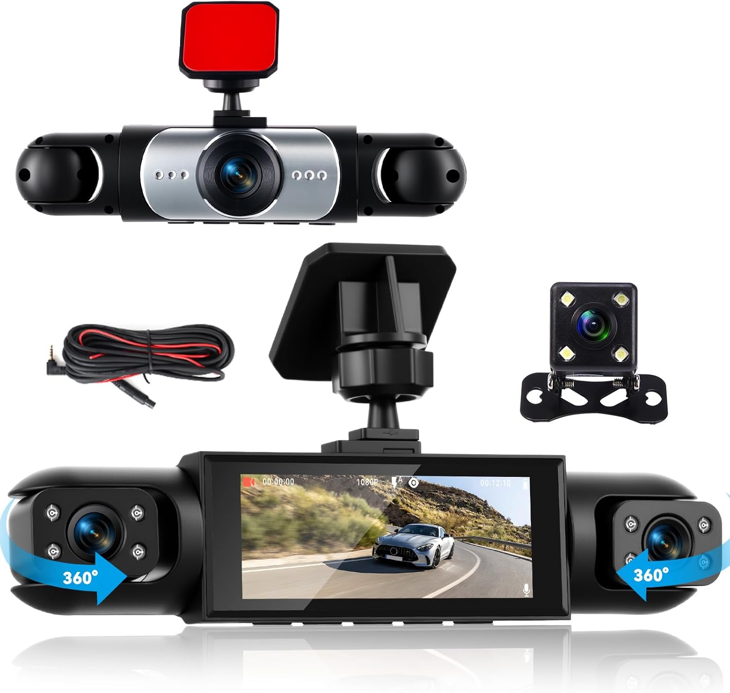 4 Channel Dash Cam Front and Rear 360 Degree 3 Inch Dash Cam Car Camera with 8 IR Night Vision Loop Recording Parking Aid