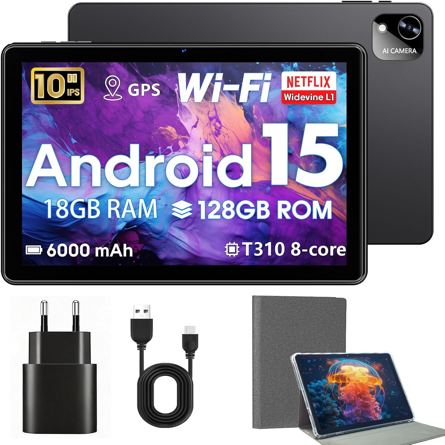Tablet 10 Inch with Case, Android 15 Tablets, 18GB RAM + 128GB ROM 1TB Expandable, Widevine L1 Compatible Octa-Core Tablet with WiFi 5, HD IPS Touchscreen, 6000 mAh, T310 CPU, 5MP + 8MP Double