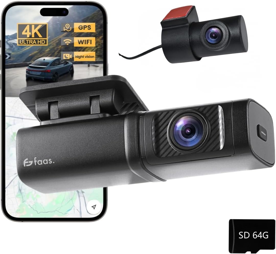 Faas Dash Cam Car Front & Rear - 4K Dual Dash Cam - 64GB Micro SD - G-Sensor, Time Lapse & Night Vision - Parking Mode & Loop Recording - Black