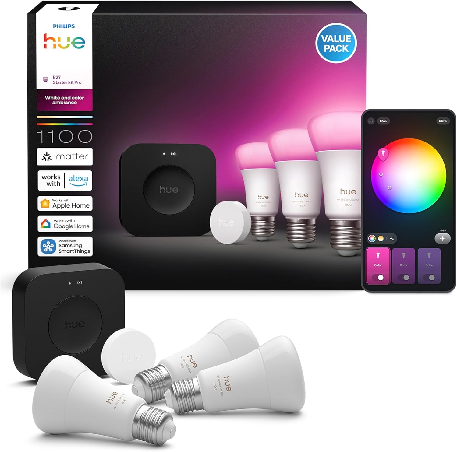 Philips Hue Starter Kit: Bridge Pro + Smart Button + 3x A60 E27 Smart Bulbs — White and Color Ambiance