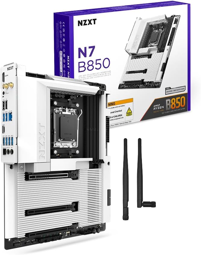 NZXT N7 B850 - AMD B850 AM5 ATX Gaming Motherboard for Ryzen 9000/8000/7000-16+2+1, DDR5, 3X M.2, PCIe 5.0, Wi-Fi 6E, 2.5GbE LAN - M.2 NVME with Quick-Release Latch - Full Cover - White