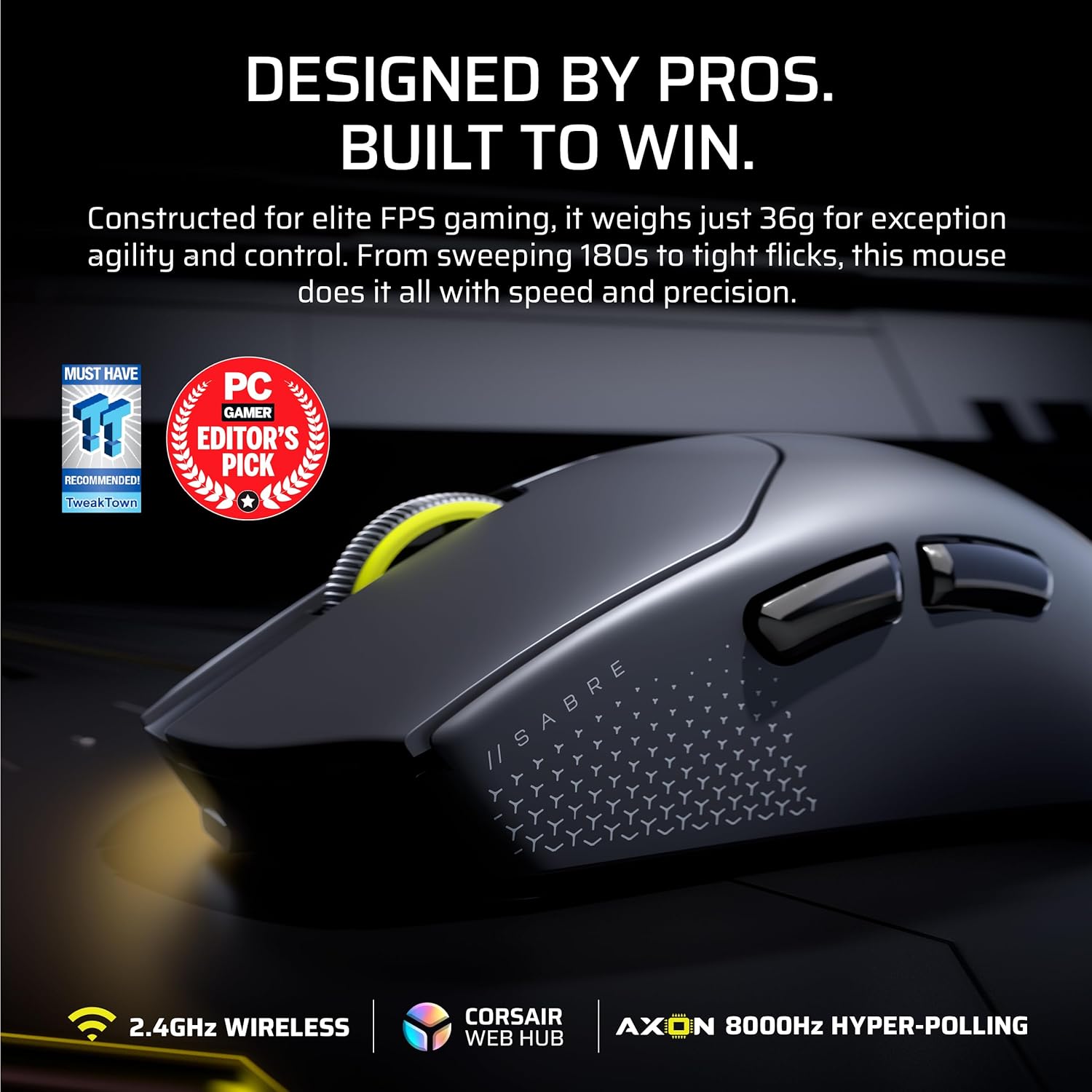 Corsair Sabre v2 PRO Ultralight FPS Wireless Gaming Mouse - 33000 DPI, 36g, 8000Hz Hyper-Polling