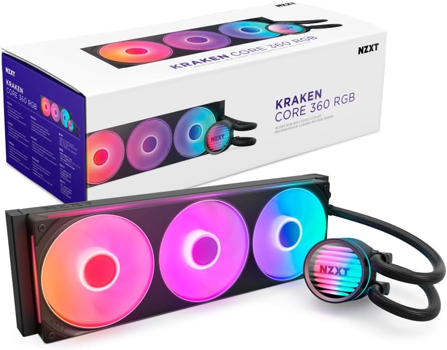 NZXT Kraken Core 360 RGB - AIO CPU Liquid Cooler - 360 mm Radiator - 360 mm Single-Frame Fan - Compatible with AMD® AM5/AM4 & Intel® LGA 1851/1700/1200/115X - Black