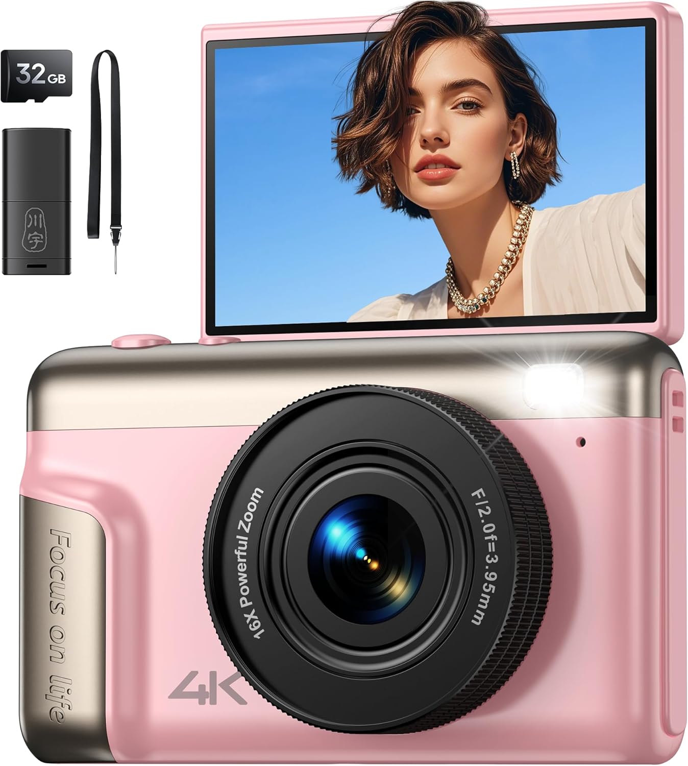 Digital Camera 4K for Photography Vlogging: 64MP Compact Photo Camera for Video 180° Flip Screen 3" Portable Digital Cameras with 16X Digital Zoom 32GB SD Card Gifts for Kids Beginners Adults Pink