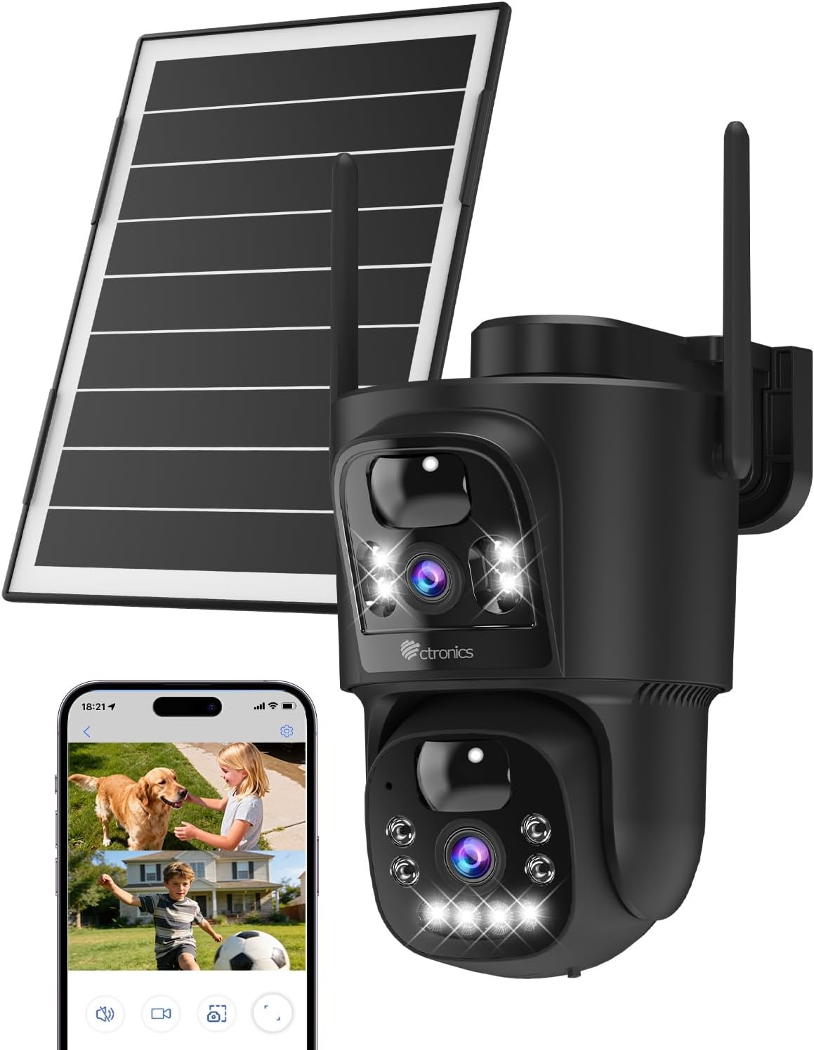Ctronics [Dual Lens Wireless WiFi Surveillance Camera, 2.4/5GHz WiFi Camera, 8W Solar Panel & 10400mAh Battery, Dual PIR, Night Vision Colour, 128GB TF/Cloud/PC, IP66