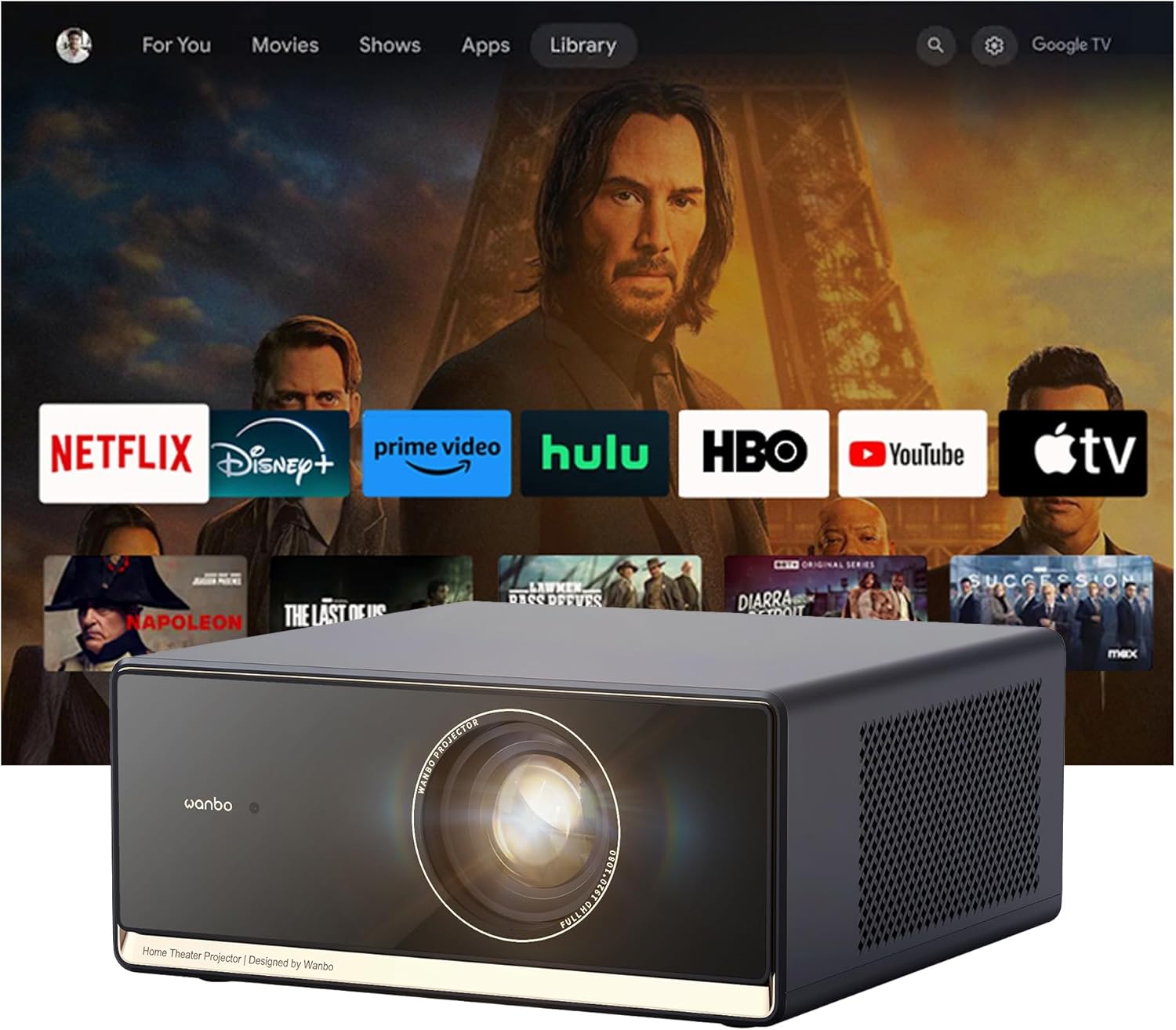 Wanbo X5 Pro 2025 1100lm Full HD Smart LED Projector. Inc 4K HDR10 Support, HDMI v2.0, 4K App Support, Auto Keystone + Focus, Google TV, Bluetooth, Chromecast