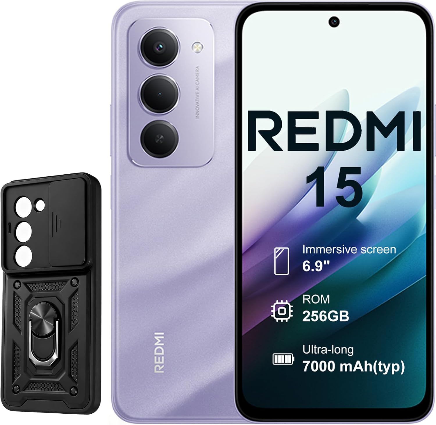XIAOMI Redmi 15-4G 8+256 GB Smartphone, Screen from 6.9 Inch 120 Hz, Dual Camera 50MP, Snapdragon 685, 7000 mAh, Purple, Equipped with Mobile Phone Case (Charger Not Included)