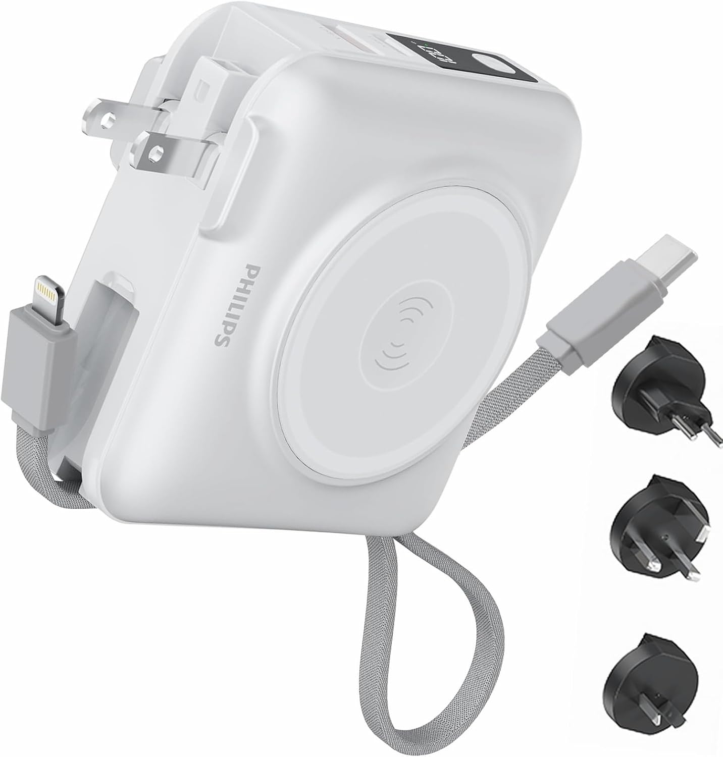 Philips Power Bank Wireless 15000mAh Powerbank Built-in Cable Portable Battery Pack Magnetic Universal Travel Charger Fast Charging Adapter Compatible with MagSafe iPhone (15000mAh White)