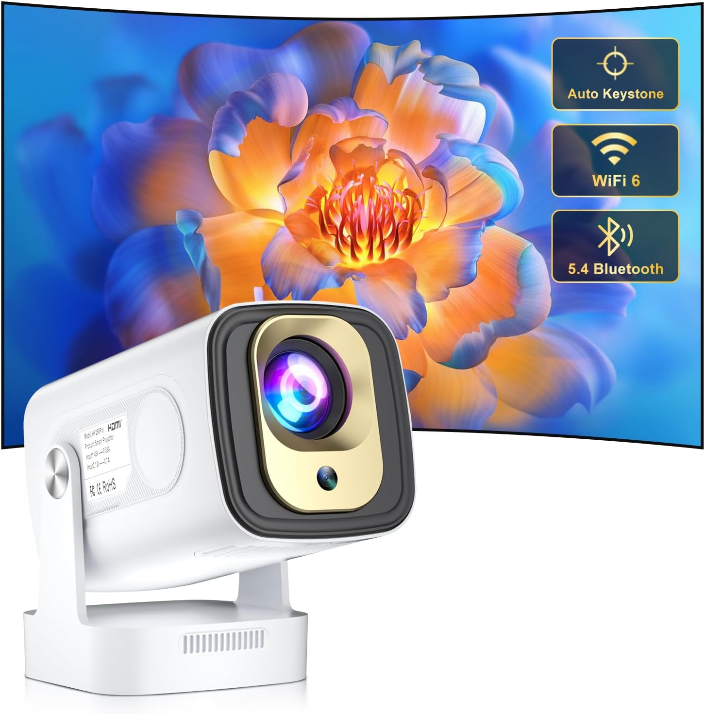 Salange Mini Projector, 4K Support 1080P Auto Focus Projector, Portable Projector with WiFi 6 and Bluetooth 5.4, Auto Keystone Correction, 180° Adjustable Stand, Smart Projector Android 11.0 Home