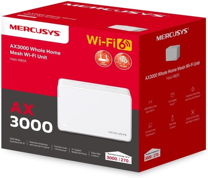 MERCUSYS WiFi 6 Mesh AX3000Mbps, Connect up to 150 Devices, 160 MHz Channels, 3 Gigabit Ports, Dual Band WiFi, Easy App Control, Halo H80X (1-Pack)