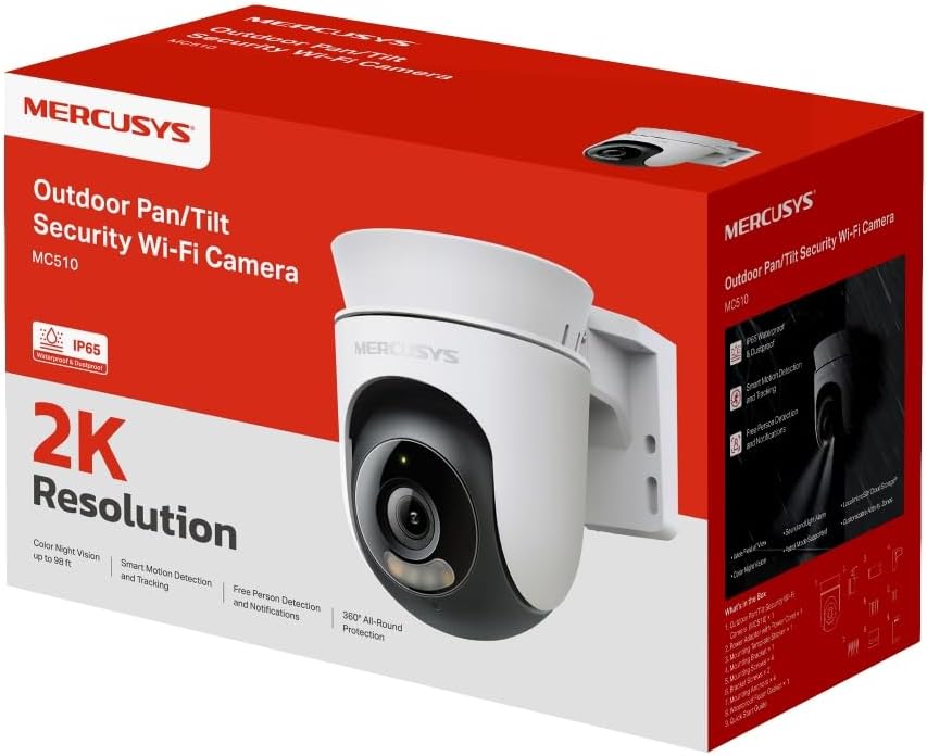 MERCUSYS MC510 360° 2K 3MP Outdoor WiFi Surveillance Camera Color Night Vision Person Detection and Motion Tracking IP65 Waterproof Audible Alarm Customizable