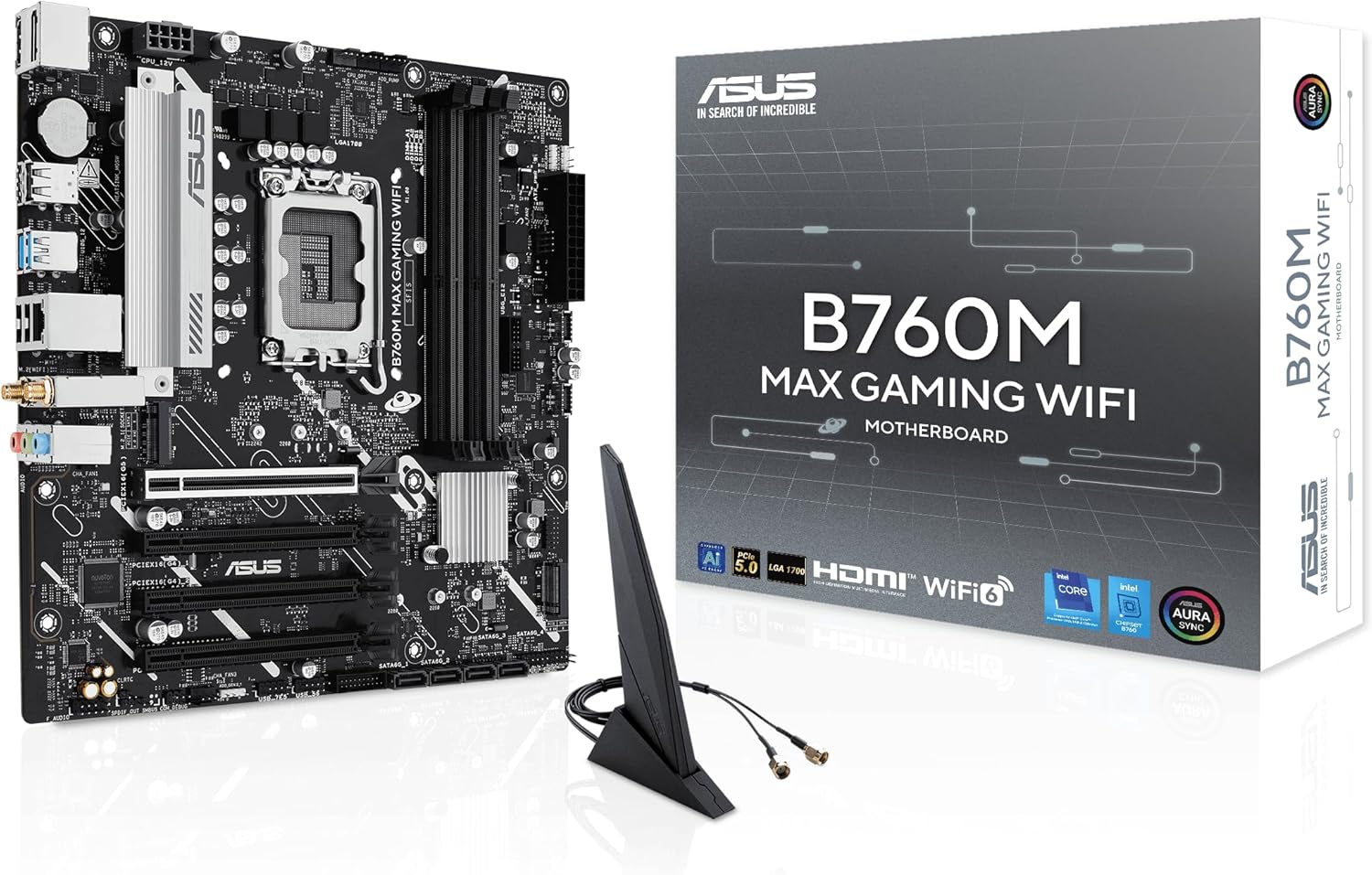 ASUS B760M MAX Gaming WiFi Intel® B760 (LGA 1700) mATX Motherboard, Advanced AI PC-Ready, PCIe 5.0 x16, DDR5, 3X M.2, Wi-Fi 6, DisplayPort, HDMI, SATA, USB 10Gbps Type-A, USB 5Gbps Type-C®, Aura Sync