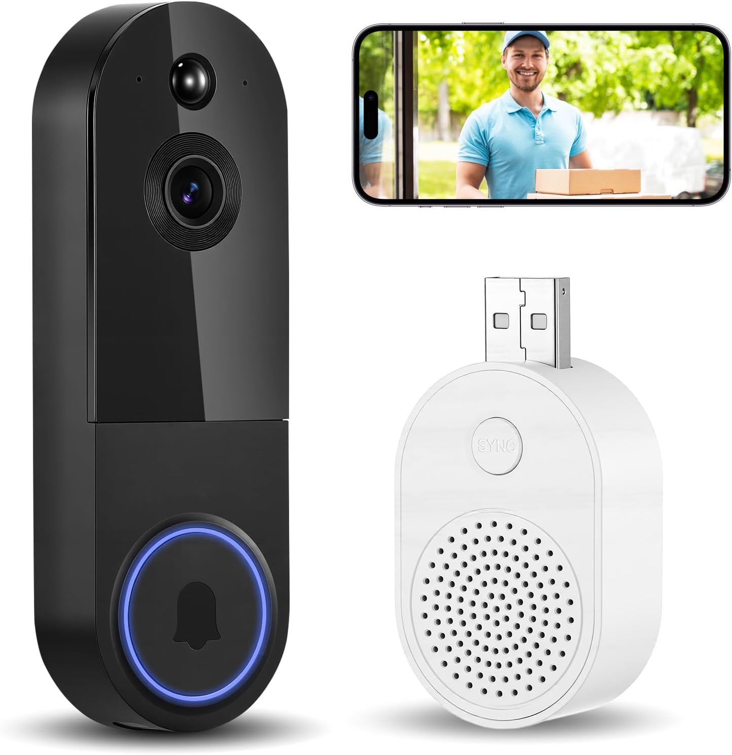 Wireless Wi-Fi Video Doorbell, Rechargeable with Camera and Receiver, 2K HD Night Vision, 170° Wide Angle, AI Detection, Two-Way Audio, IP65 Waterproof, Compatible with (Black)