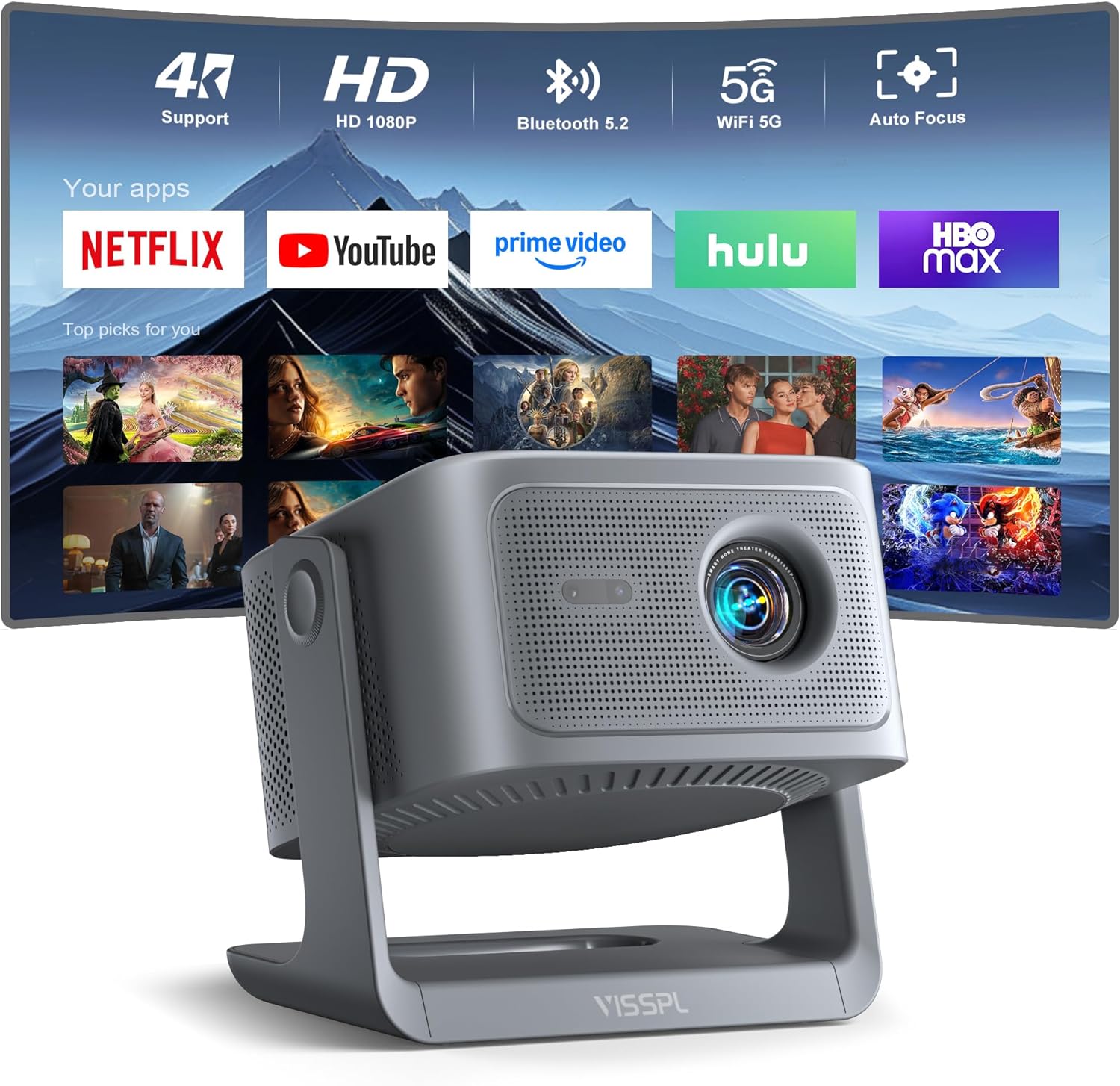 [30,000 Lumen & Officially Licensed App] Smart Projector 4K Home Cinema, VISSPL 3D Dolby Audio and Auto Focus Outdoor Projector Mobile Phone, WiFi6 Bluetooth Video Projector with 360° Adjustable Stand
