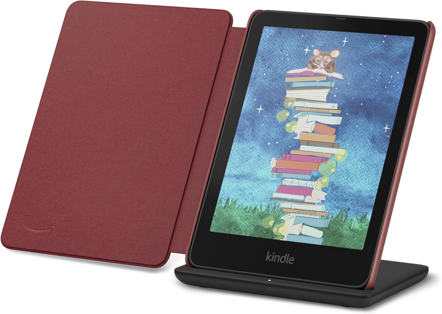 Kindle Colorsoft Essentials Bundle including Amazon Kindle Colorsoft (32 GB) - Black, Premium Leather Case - Ruby and Wireless Charging Dock