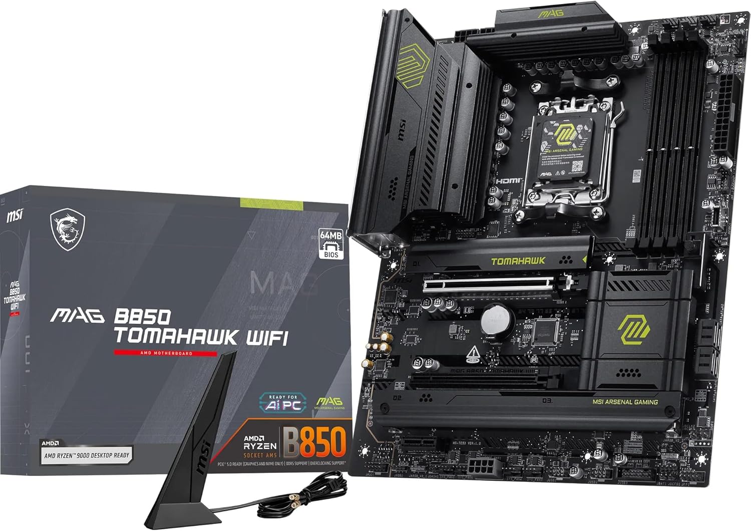 MSI MAG B850 Tomahawk WiFi Motherboard, ATX - Supports AMD Ryzen 9000/8000 / 7000 Processors, AM5-80A SPS VRM, DDR5 Memory Boost 8200+ MT/s (OC), PCIe 5.0 x16, M.2 Gen5, Wi-Fi 7, 5G LAN