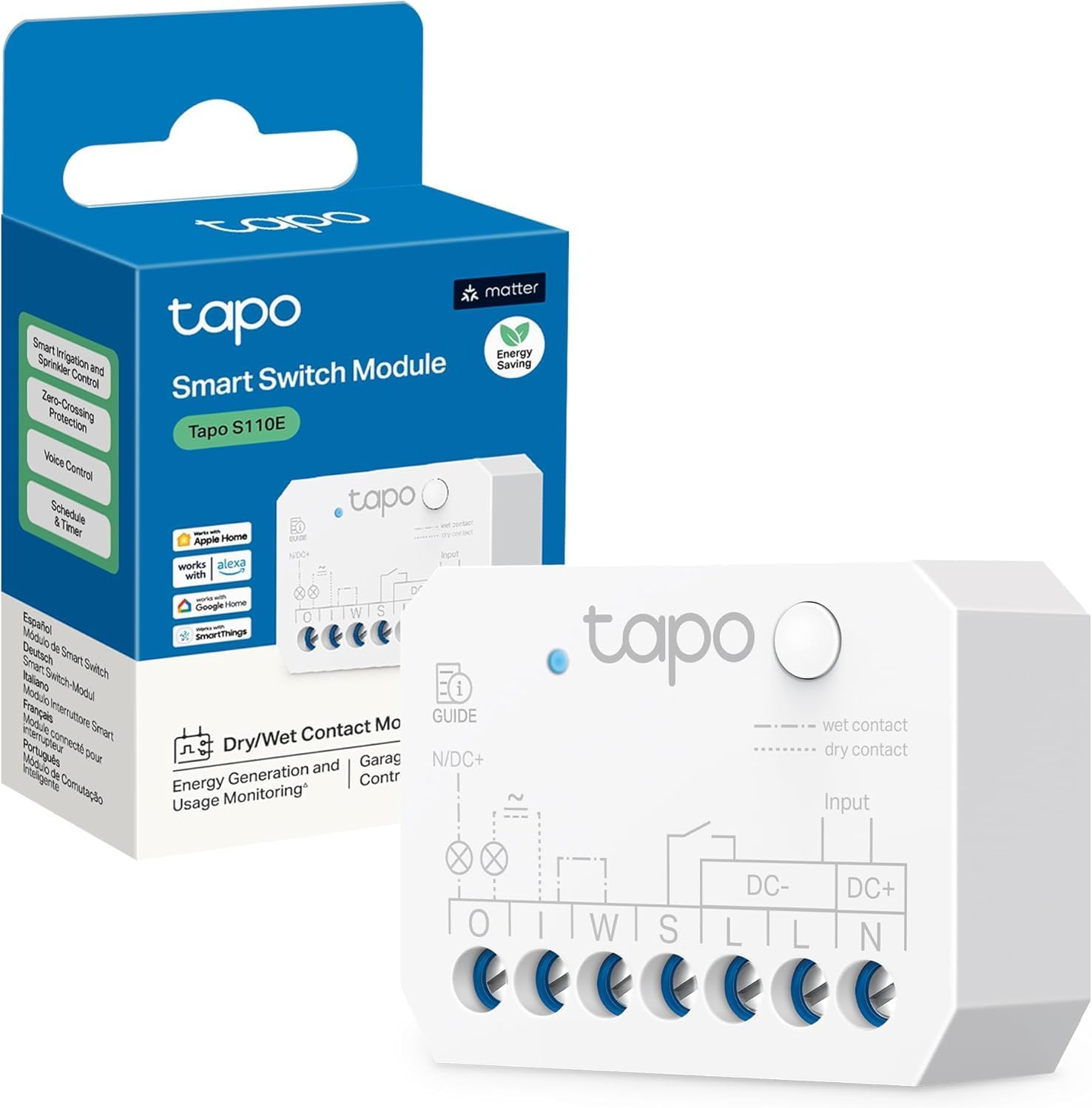Tapo S110E - WLAN and Bluetooth Smart Relay Switch, Dry/Wet Contact, 1 Channel, 10A, Light Switch, Garage Door Opener, Energy Detection, Alexa & Google, Matt, No Hub Required